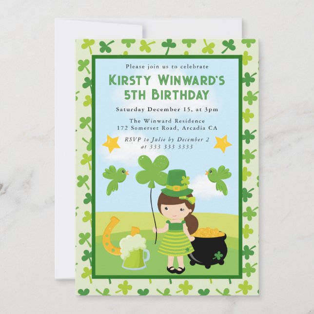 Invitation Cute Brunette Girl St Patrick's Anniversaire de en (Devant)