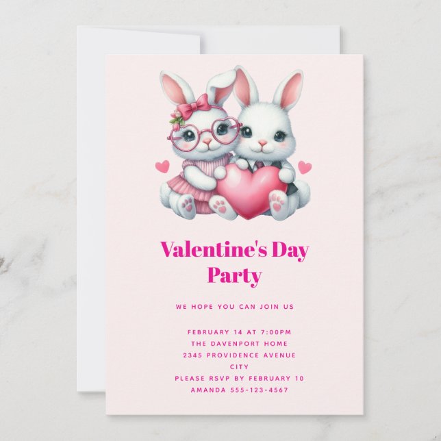 Invitation Cute Bunnies Sharing a Heart Valentine's Party (Devant)