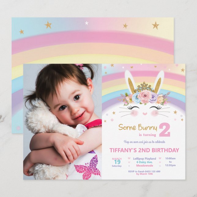 Invitation Cute Bunny 1er Anniversaire Filles Rainbow Rabbit  (Devant / Derrière)