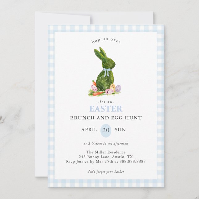 Invitation Cute Bunny bleu En vichy Brunch de Pâques et chass (Devant)