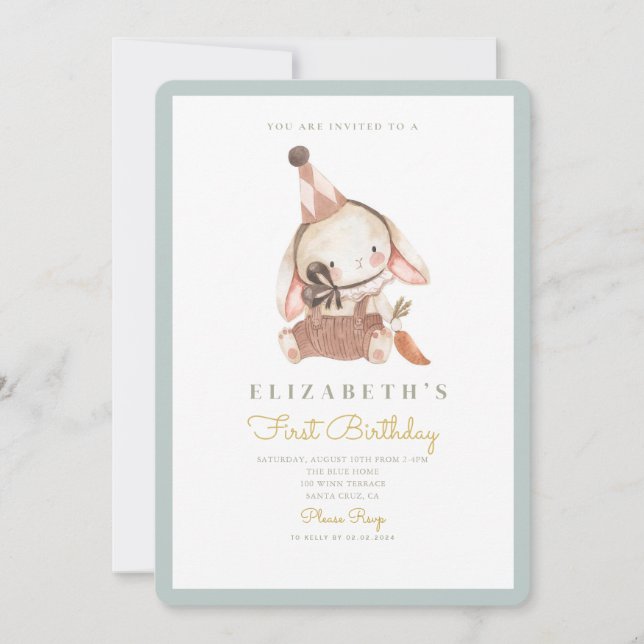 Invitation Cute Bunny & Carrot Premier anniversaire 1er anniv (Devant)