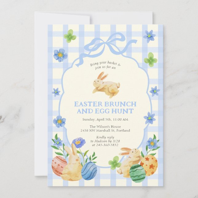 Invitation Cute Bunny Easter Brunch & Egg Hunt Blue Checkered (Devant)