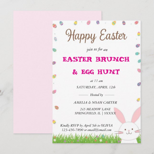 Invitation Cute Bunny  Easter BRUNCH & HUNT (Devant / Derrière)