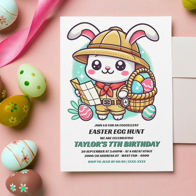 Invitation Cute Bunny Explorer Chasse aux oeufs de Pâques Ann (Invite friends and family to an eggcellent Birthday Easter egg hunt with this adorable invitation.)