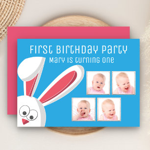 Invitation Cute Bunny Rabbit Photo Collage 1er Anniversaire