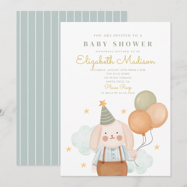 Invitation Cute Bunny rose & Baloons Baby shower Cloud (Devant / Derrière)