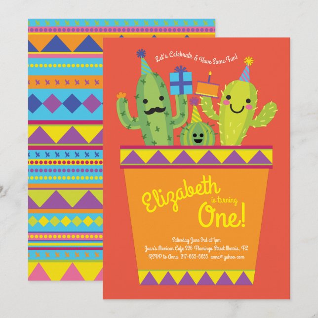 Invitation Cute Cactus Desert Enfants 1er anniversaire Fête m (Devant / Derrière)
