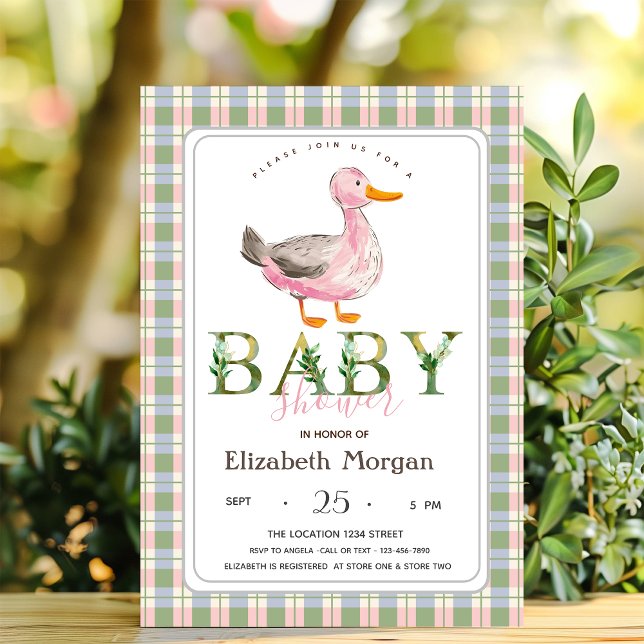 Invitation Cute Canard Vert Pink Plaid Baby shower (Créateur téléchargé)