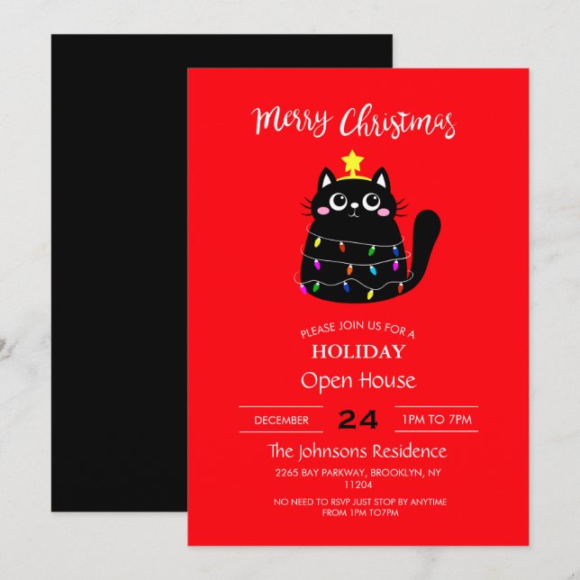 Invitation Cute cartoon noir Cat Christmas tree (Devant / Derrière)