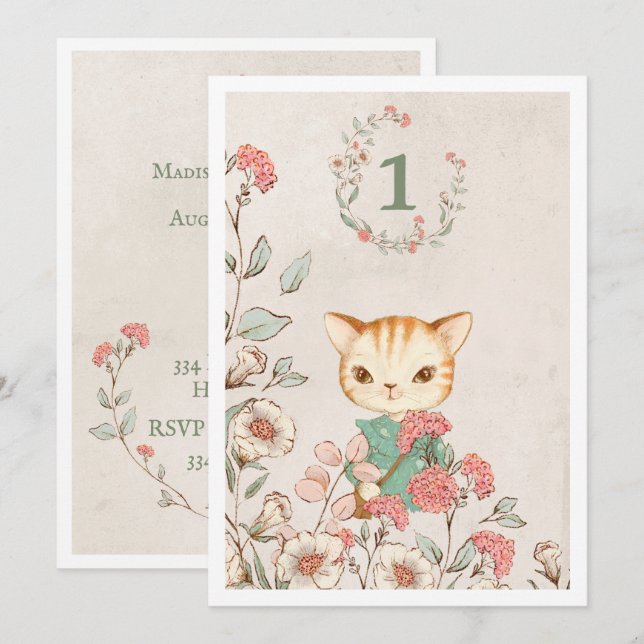 Invitation Cute Cat Floral Girl 1er anniversaire (Devant / Derrière)