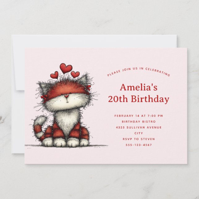 Invitation Cute Cat with Red Love Hearts Birthday (Devant)