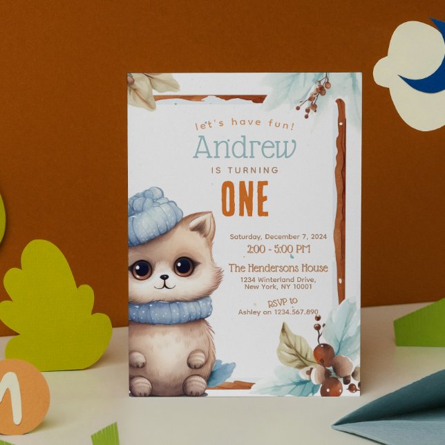 Invitation Cute Chat Automne Hiver Personnalisé Anniversaire  (Créateur téléchargé)