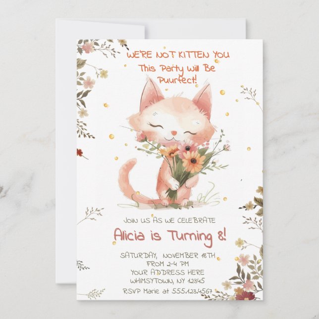 Invitation Cute Chat fleur sauvage fille anniversaire Invitat (Devant)