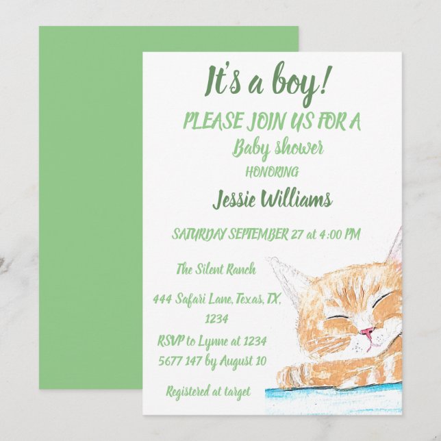 Invitation Cute Chat Kitty Kitten animal bébé Garçon vert (Devant / Derrière)