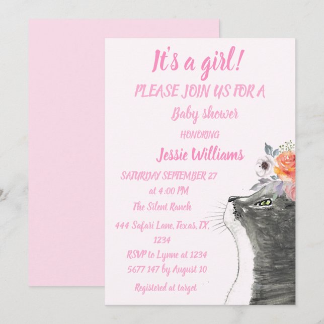 Invitation Cute Chat Kitty Kitten Baby shower fille rose (Devant / Derrière)