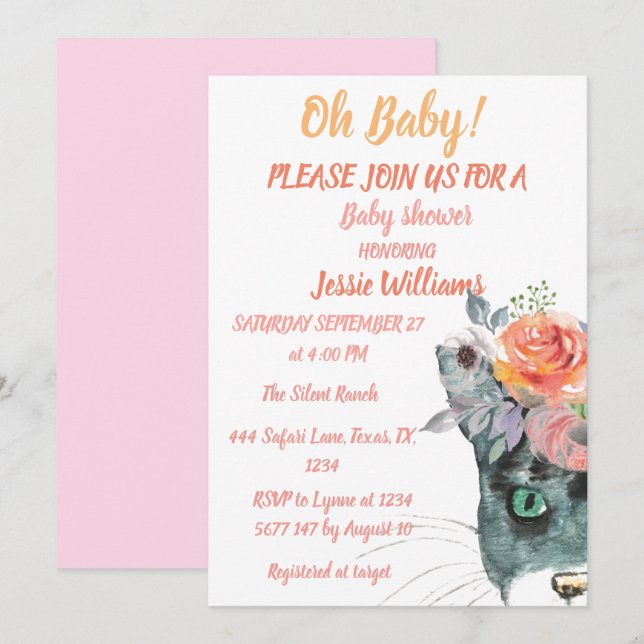 Invitation Cute Chat Kitty Kitten Rose Floral Baby Girl Boho (Devant / Derrière)