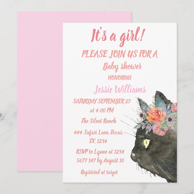 Invitation Cute Chat Kitty Kitten Rose Floral Baby Girl Boho (Devant / Derrière)