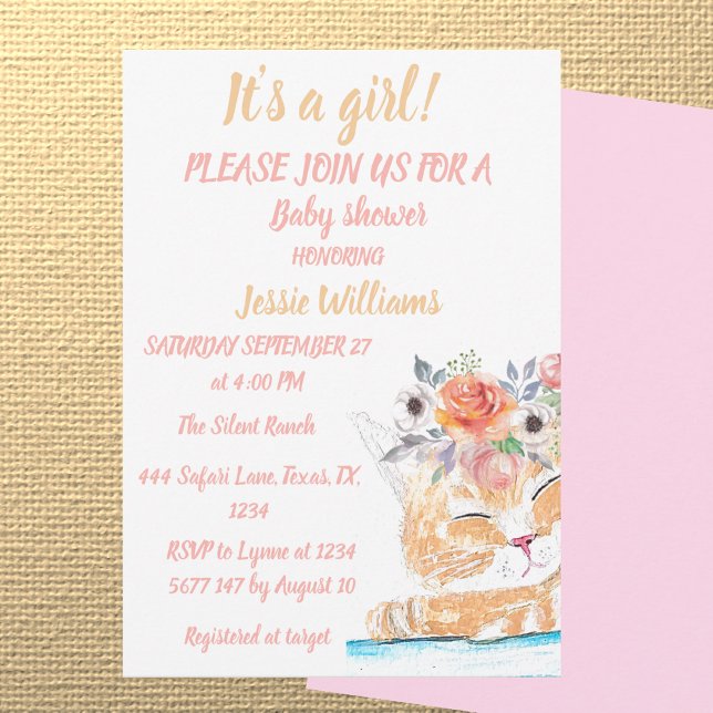 Invitation Cute Chat Kitty Kitten Rose Floral Baby Girl Boho (Créateur téléchargé)