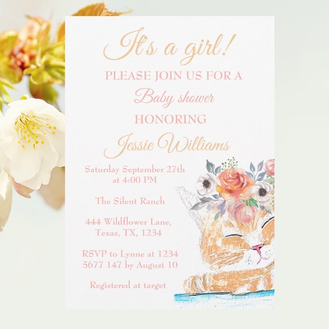 Invitation Cute Chat Kitty Kitten Rose Floral Baby Girl Boho (Créateur téléchargé)