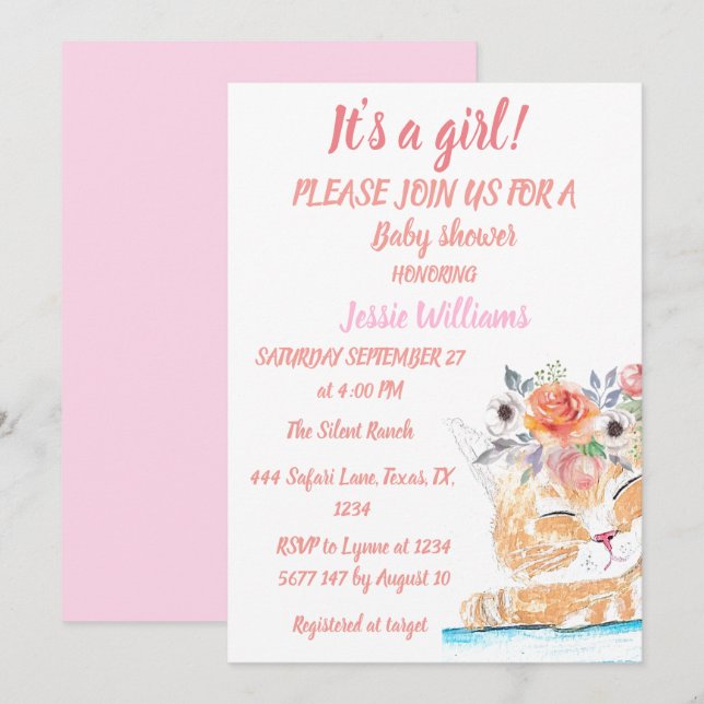 Invitation Cute Chat Kitty Kitten Rose Floral Baby Girl Boho (Devant / Derrière)