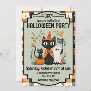 Invitation Cute chat noir et fantôme Halloween Boo
