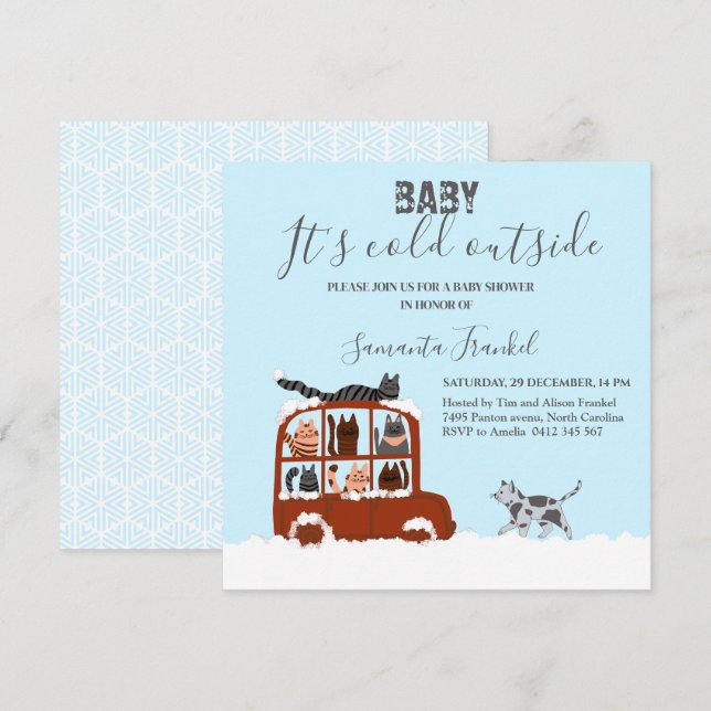 Invitation Cute Chats en voiture Hiver Baby shower froid (Devant / Derrière)