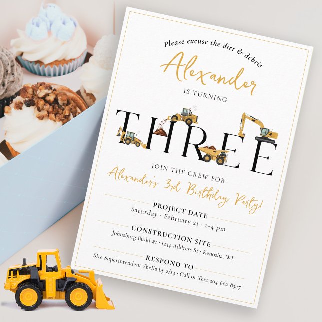 Invitation Cute Chauffage de construction Camion 3e fête anni (Cute modern minimalist dump truck construction THREE 3rd birthday party invitation for a boy)