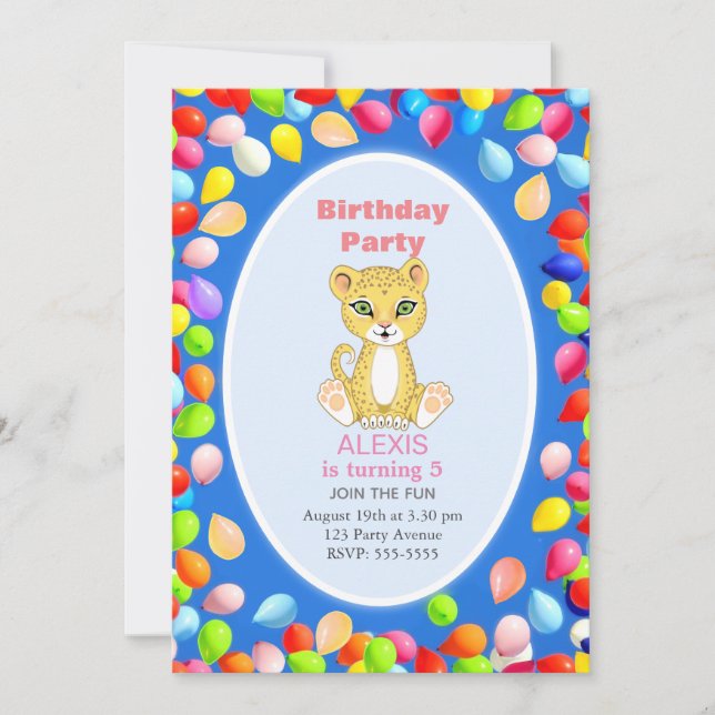 Invitation Cute Cheetah & Balloons 5e fête d'anniversaire (Devant)
