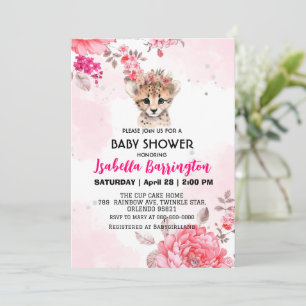 Invitation Cute Cheetah petit fleurs roses baby showers fille