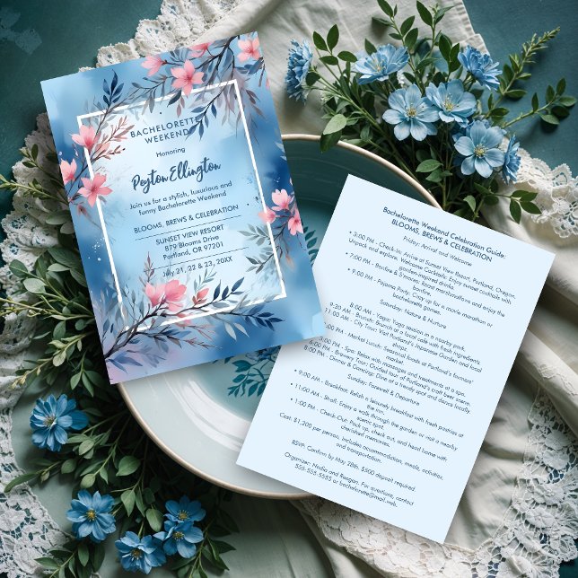 Invitation Cute Cherish Blue & Pink Shades Blooms & Branches  (Cute Cherish Blue & Pink Shades Blooms & Branches Bachelorette Weekend Invitations Cards. )
