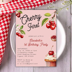 Invitation Cute Cherry First 1st Girl Anniversaire rose
