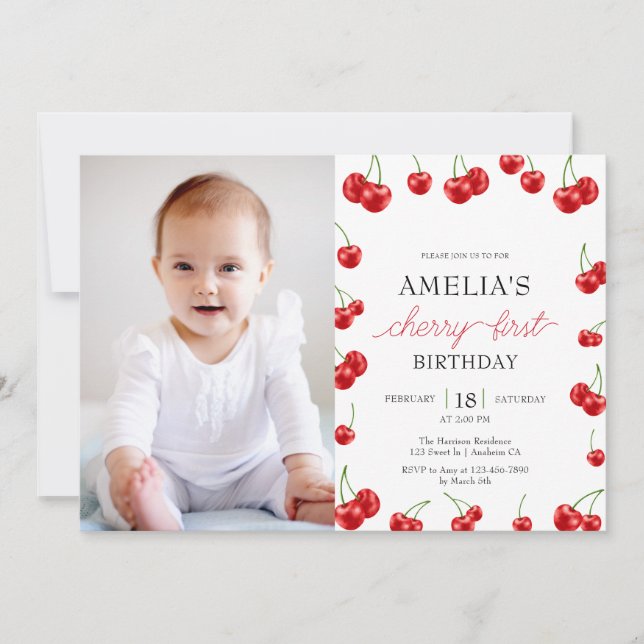 Invitation Cute Cherry Girl Berry Première fête d'anniversair (Devant)