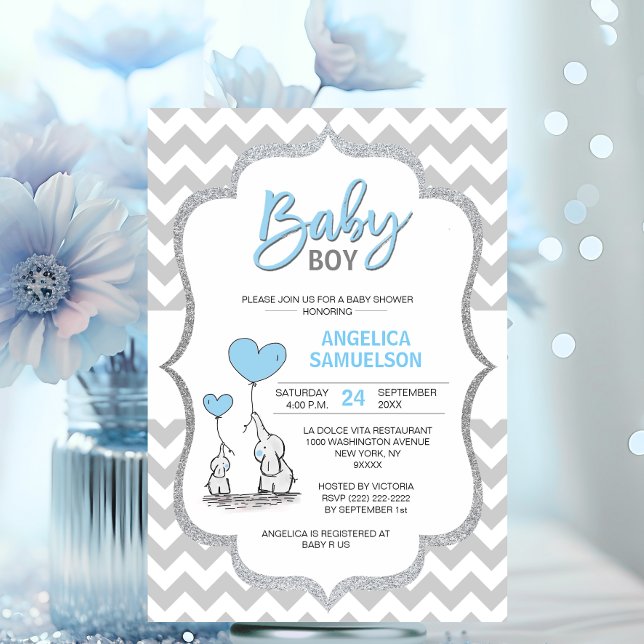 Invitation Cute Chevron Blue Grey Elephant Baby shower GARY (Cute Chevron Blue Grey Elephant Baby Shower BOY Invitation)