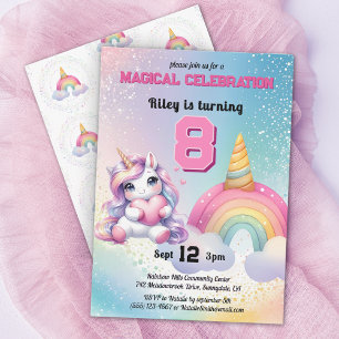 Invitation Cute Chibi Unicorn arc-en-ciel fête d'anniversaire
