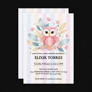Invitation Cute Chouette rose Pastel Baby shower Floral Desig