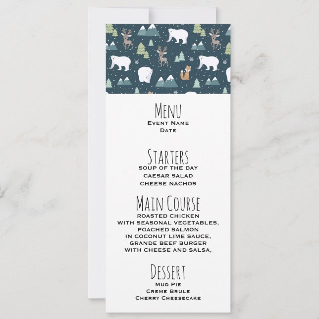 Invitation Cute Christmas Winter Animaux Rustic Motif Menu (Devant)