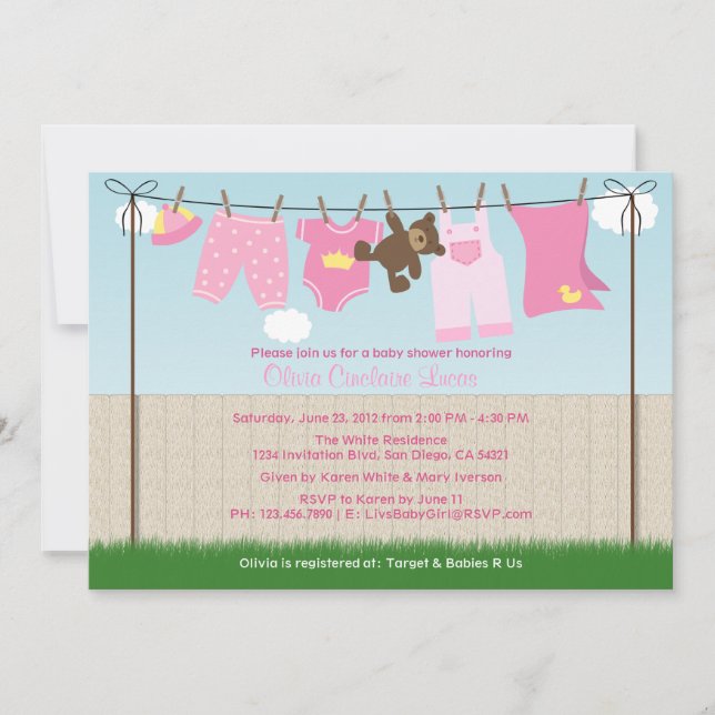Invitation Cute Clothesline Baby Girl Baby shower moderne (Devant)