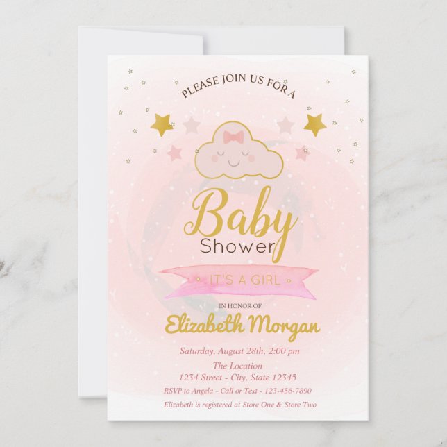 Invitation Cute Cloud, Stars C'est un Baby shower de fille (Devant)