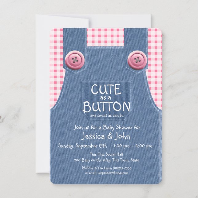 Invitation Cute comme un Denim de bouton et rose (Devant)