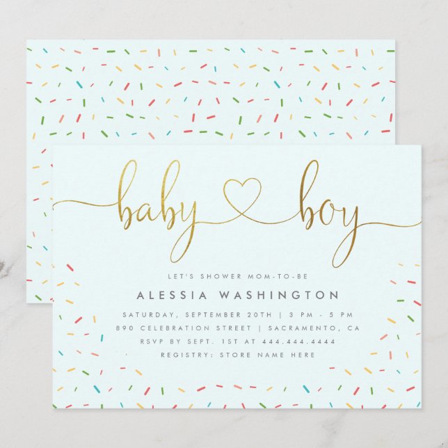 Invitation Cute Confetti Sprinkle Gold Boy Baby shower (Devant / Derrière)