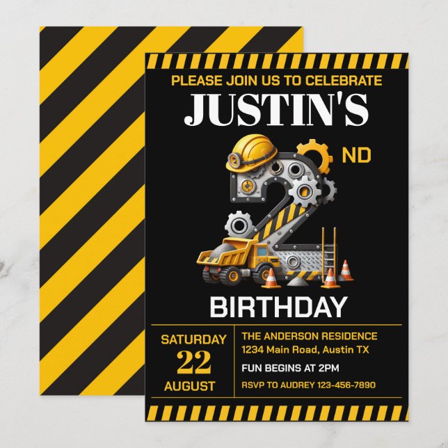 Invitation Cute Construction 2ème fête d'anniversaire (Devant / Derrière)