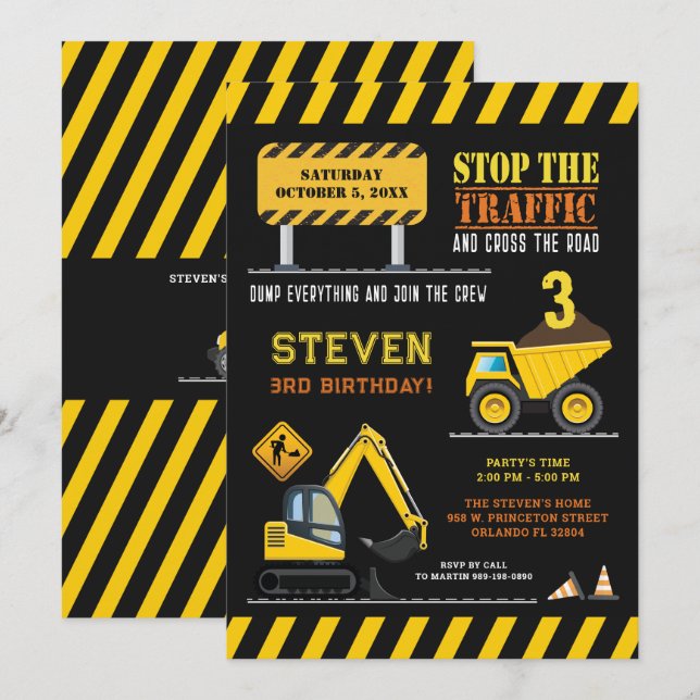 Invitation Cute Construction Camion Camion Anniversaire Garço (Devant / Derrière)