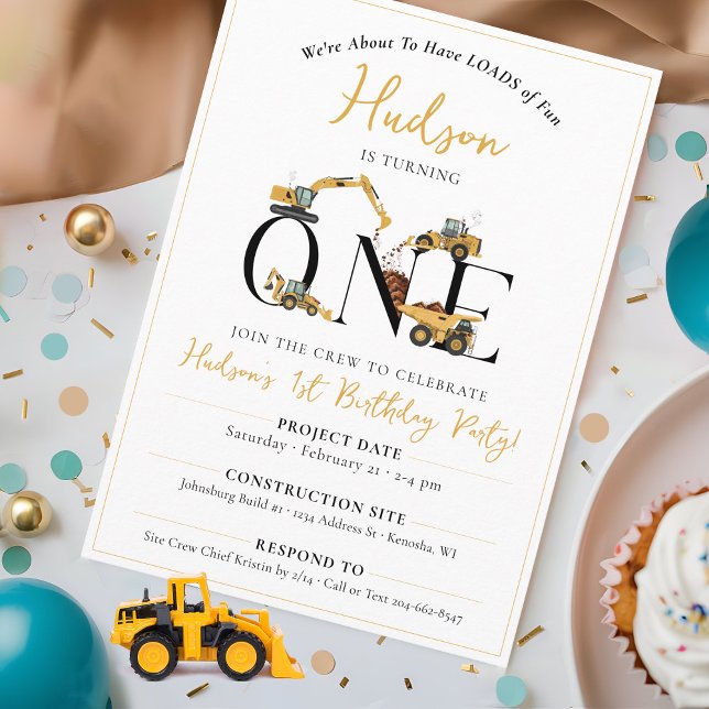 Invitation Cute Construction Camions Garçons 1er Anniversaire (Cute ONE construction site vehicles simple 1st birthday party invitation for boys, dump truck digger)