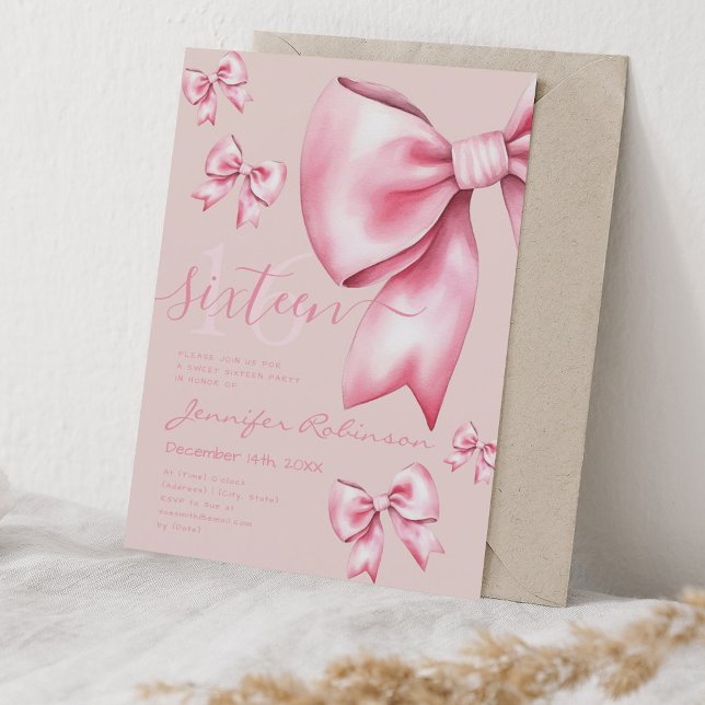 Invitation Cute Coquette Blush Pink Bow Sweet 16 Rose pâle (Cute Coquette Blush Pink Bow Sweet 16 Pale Rose Invitation)