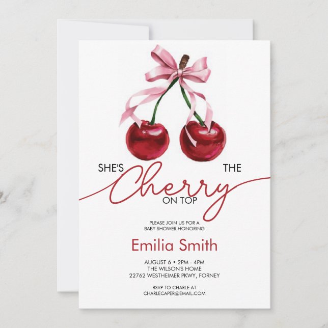 Invitation Cute Coquette cerise sur le Baby shower supérieur (Devant)