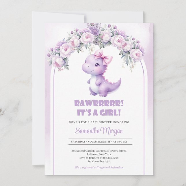 Invitation Cute coquette dinosaure fille violet peoné arc (Devant)