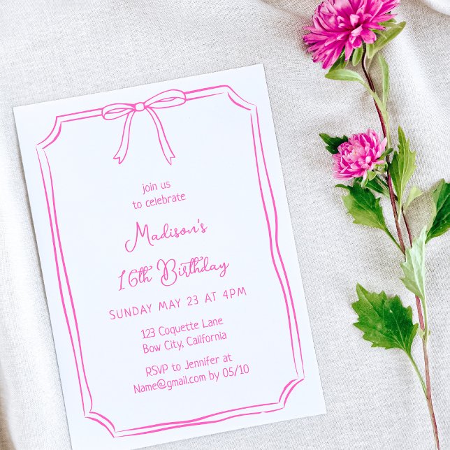 Invitation Cute Coquette Main Draw Bow Whimsical Anniversaire (Créateur téléchargé)