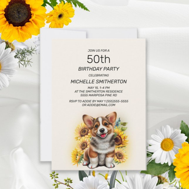 Invitation Cute Corgi Chien Tournesols 50e anniversaire (Créateur téléchargé)