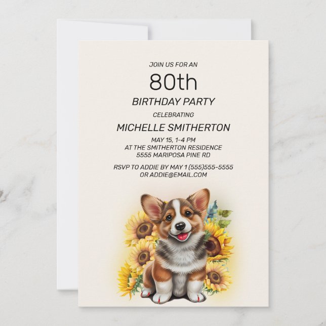 Invitation Cute Corgi Chien Tournesols 80e anniversaire (Devant)