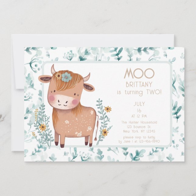 Invitation Cute Cow Boho Floral Deuxième anniversaire (Devant)